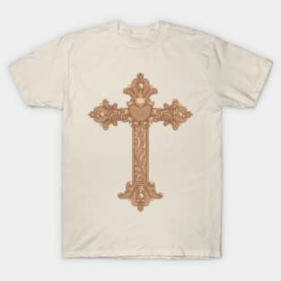 Golden Christian wooden cross with heart and floral ornamental. Easter, symbol of Christianity,. hand drawing vintage engraving style illustration T-Shirt